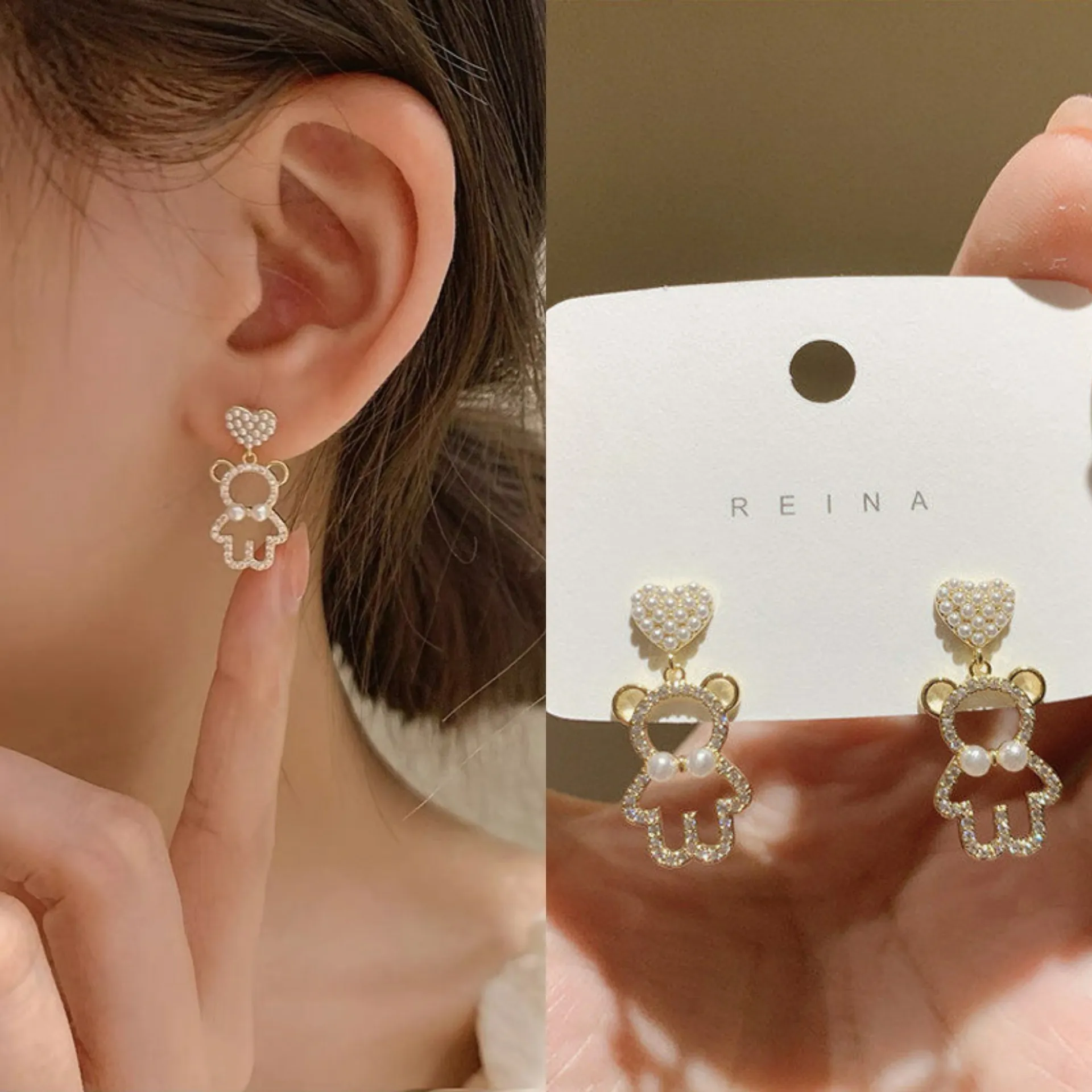 Élégant Imitation perle ours boucles d'oreilles pour femmes conception coréenne trois papillons Zircon boucles d'oreilles fête mariage bijoux