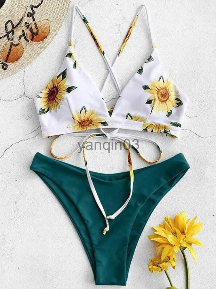 Damen Badebekleidung Sonnenblume gedruckt Bikini Set sexy Frauen 2022 Mujer Push Up gepolstert Biquini Badegier Verband Badeanzug Badeanzug J230603