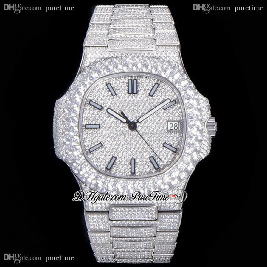 2021 TWF Paved Diamonds 5711 324SC 324CS Automatic Mens Watch Stick Markers Fully Iced Out Diamond Stainless Steel Bracelet Super 222i