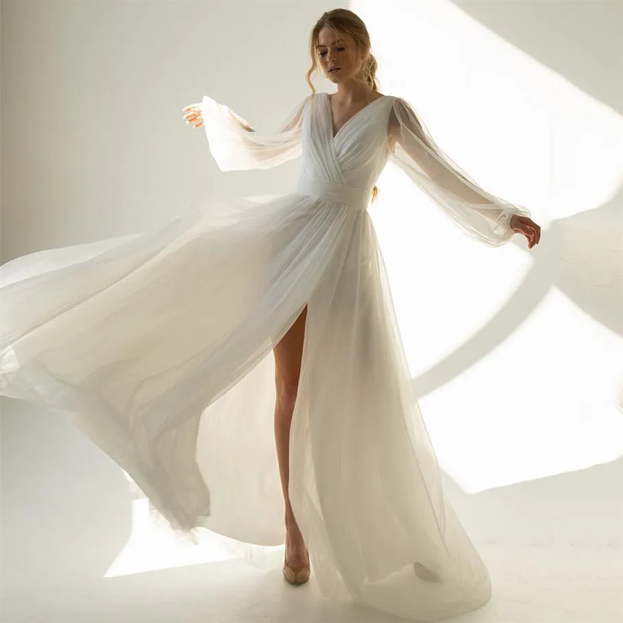 Abiti da sposa in tulle glitterato Abiti da sposa Boho da donna Maniche lunghe Scollo a V Pieghe Abito da sposa corsetto con lacci 2022238S