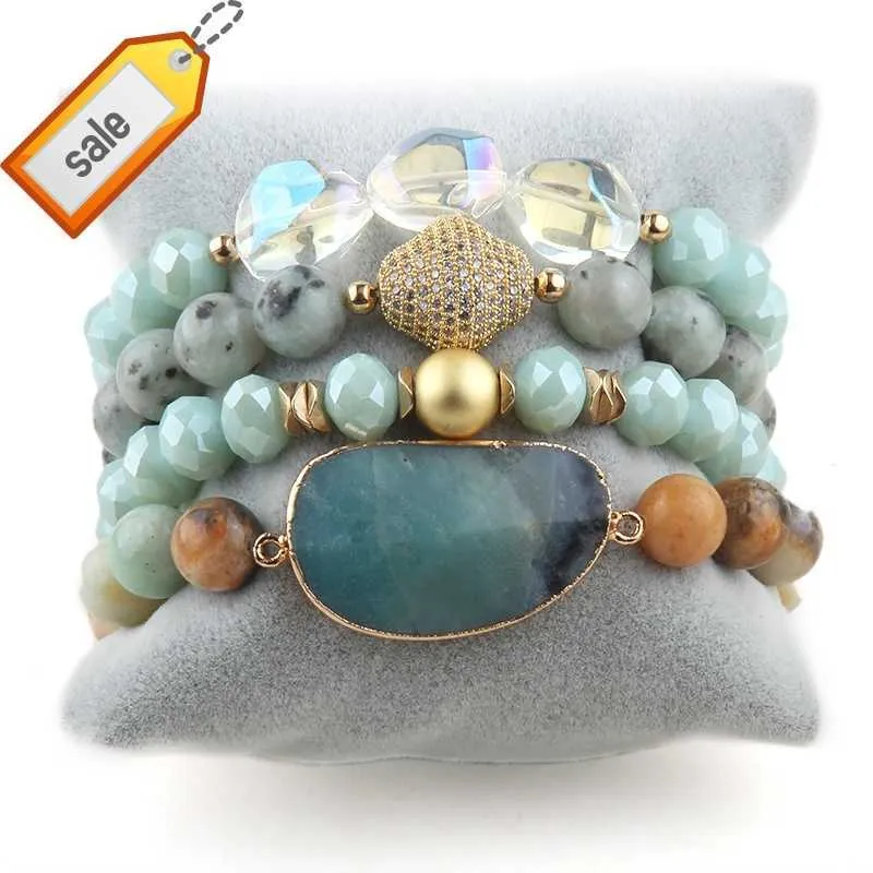 Ny Elastic Boho Gemstone 4pc armband Shiny Zircon Ball Oregelbundet glas halvmåne Moon Stone Vackra stackarmbanduppsättningar