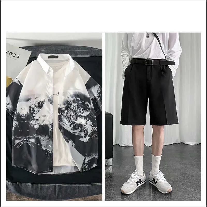 Survêtements pour hommes Haiyan chemise + short ensemble japonais impression de montagne enneigée version coréenne mode beau lâche progressif décontracté demi manches P230603
