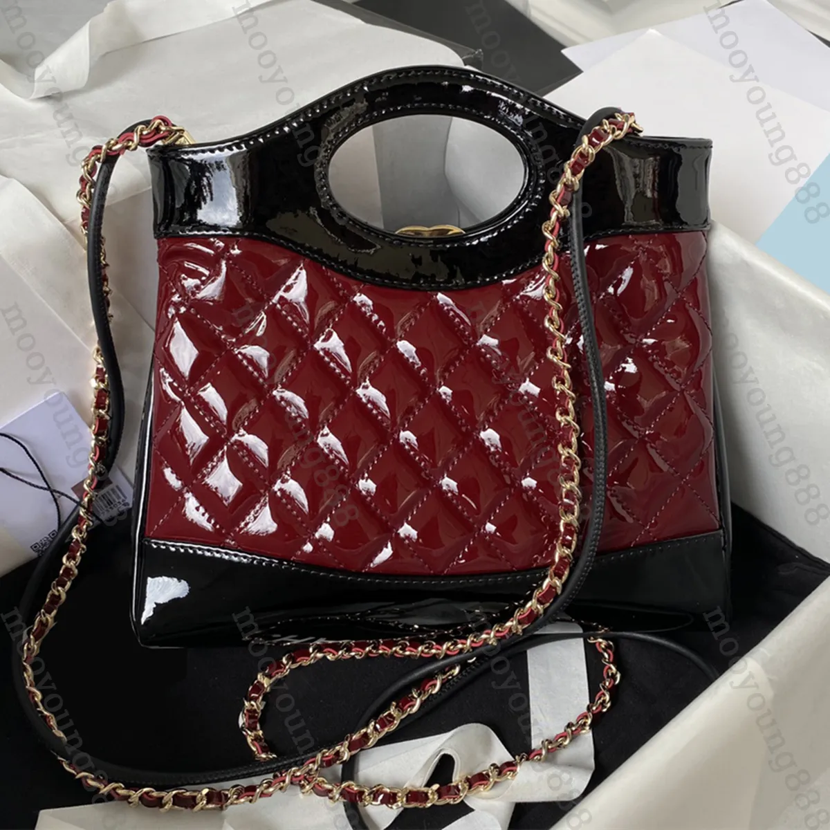 12A Upgrade Mirror Quality Designer 31 Mini Shopping Bags Womens Patent Calfskin Tote Luxurys Plaid Quilted Handbags Burgundy Purse Shoulder Chain Strap Box Bag