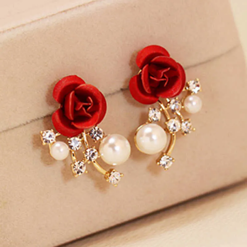 Stud Vintage Elegant Rose Female Korean Red Flower Pearl Long Tassel Earrings Wedding Jewelry Gifts G230602