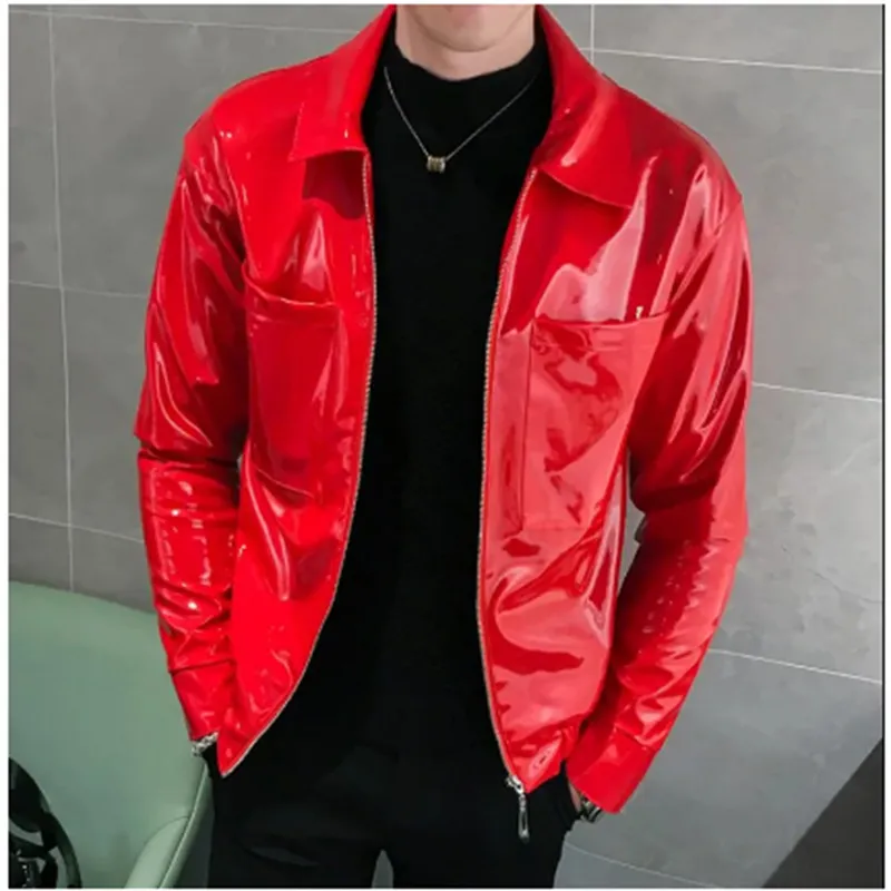 Rood Zwart Koffie Leren Jas Glanzend Heren Jassen Jaqueta Masculino Stadium Kleding Voor Zanger Club Party Jas Man M-3XL