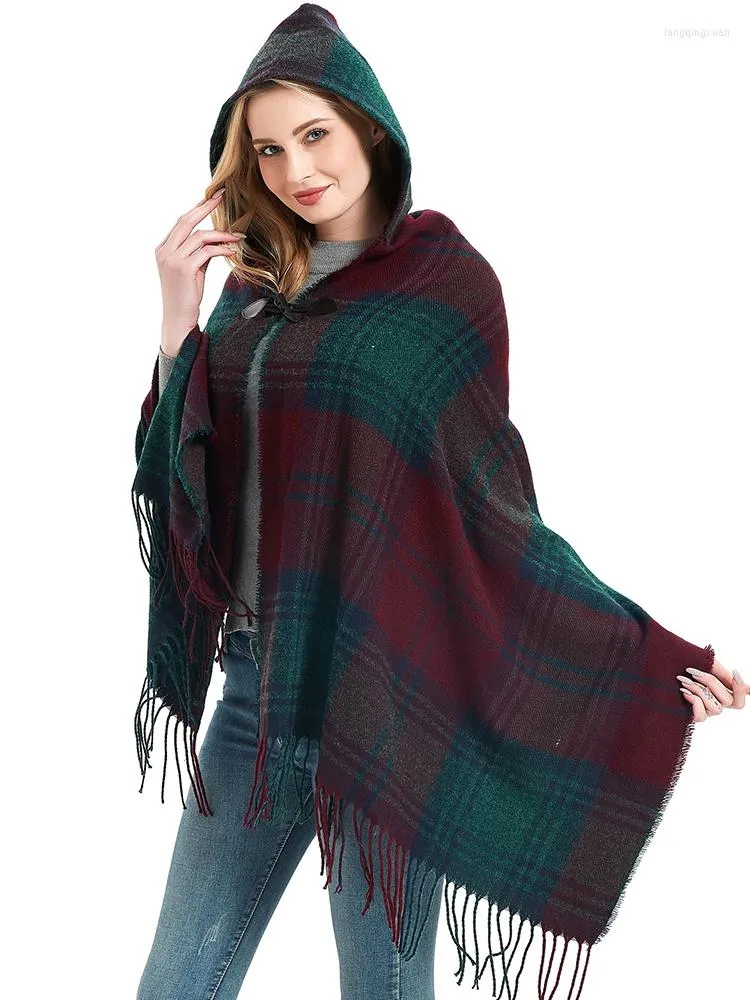 Cachecóis Imitação Caxemira Feminino Cachecol Xadrez De Inverno Com Franjas Poncho Com Capuz Quente Feminino Grosso Envoltório Cobertor Capa Para Mujer Pashmina Xales