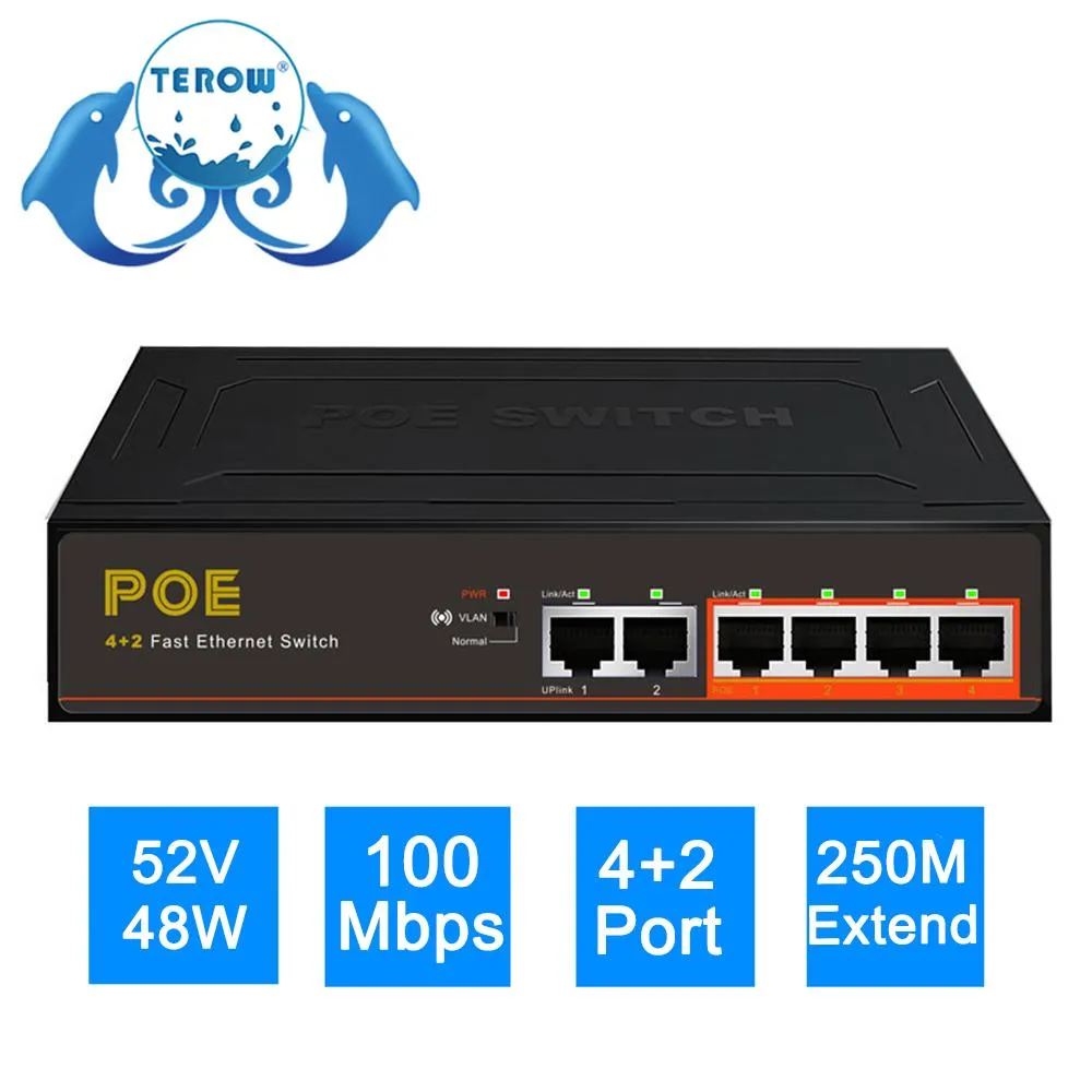 Interruptores terow poe switch 4port +2 uplink 100 Mbps Rede Ethernet Fast 250m Transmissão 52V 1.25A VLAN ISOLATION SERIE