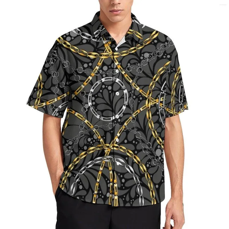Mäns casual skjortor gyllene och silverkedjor skjorta cirkel tryck semester lös hawaii coola blusar kort ärm design överdimensionerade kläder