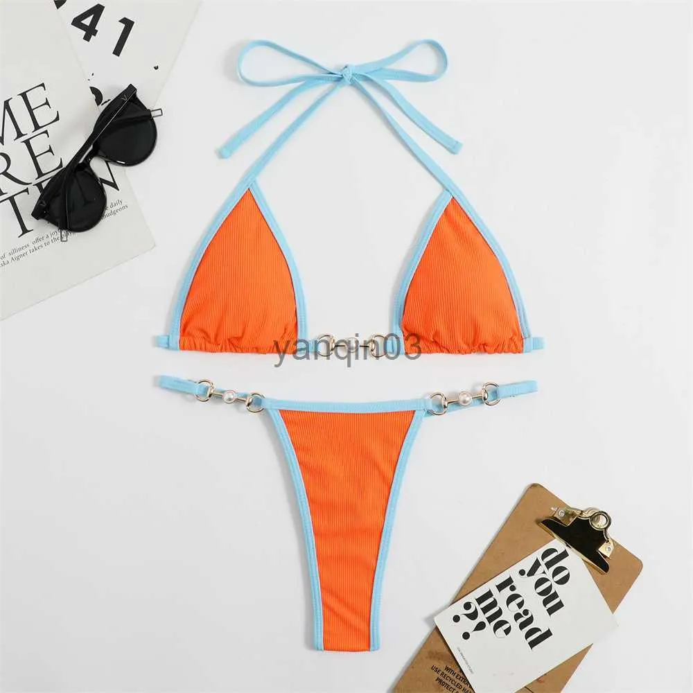 Kobiety metalowy łańcuch strojów kąpielowych bikini 2023 SKWOROWY PUPH UP HALTER CIT-U-UP BRA+Triangle Thong Dwuczęściowy kostium kąpielowy Brazylijski bikinis J230603