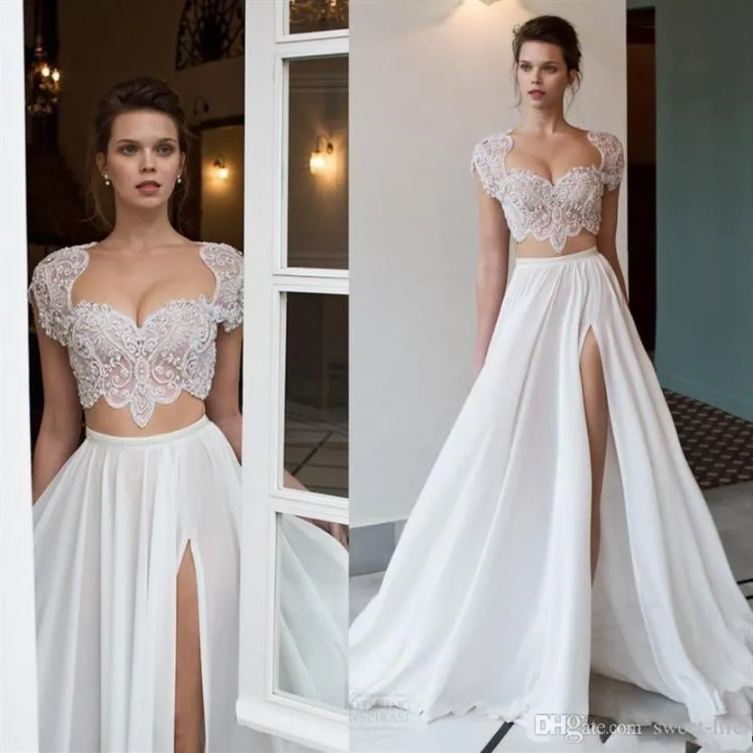 2020 Riki Dalal Due pezzi Beach A Line Abiti da sposa in rilievo High Side Split Applique in pizzo maniche corte Abiti da sposa in chiffon2501