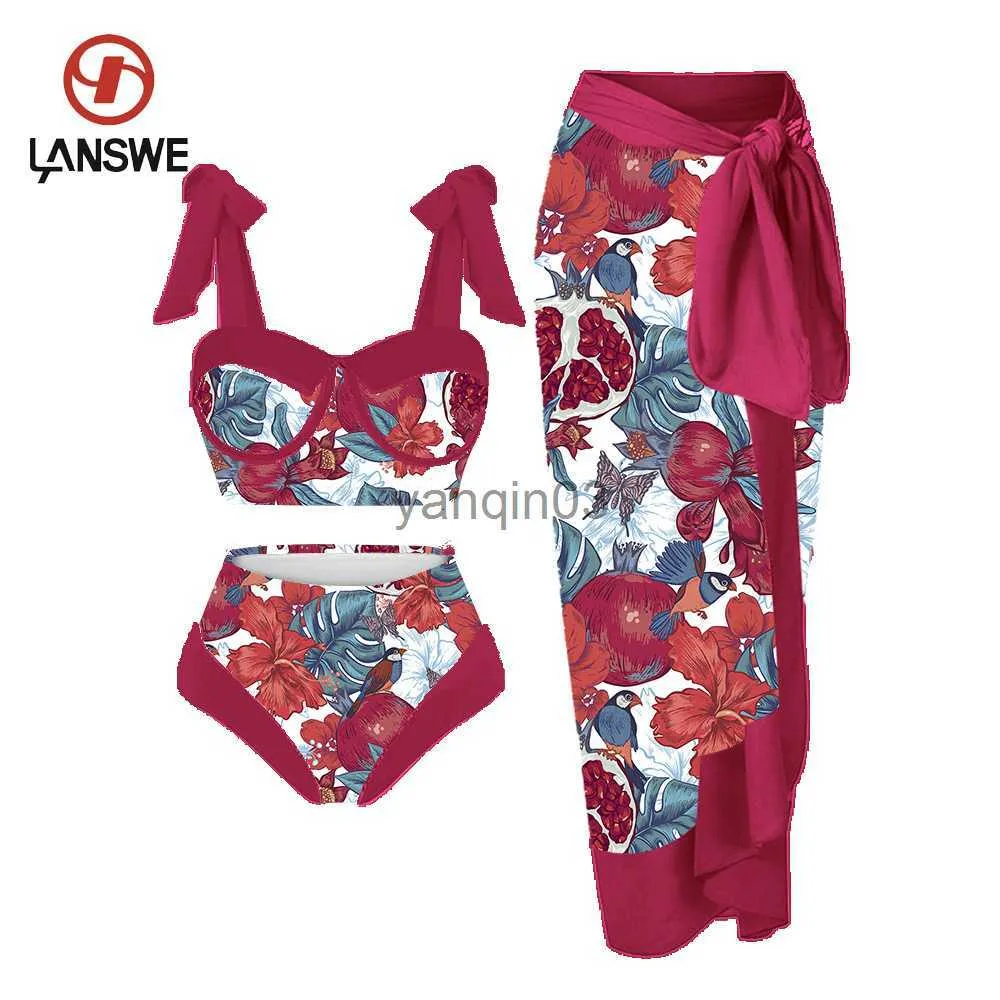 Women's Swimwear Lanswe Retro Two-Piece Swimwear Women Bikini Beach Dress Swimming Come Wine Red Pomegranate Painting Style Summer Swimsuit J230603