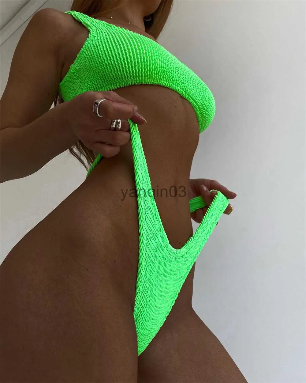 Kadın Mayo Katı Şeritli Geniş Kayışlar Tank Bikini Set Push Up Up Mayo için Mayo 2023 Seksi Neon Yeşil Pembe Yüzme Mayo Kadın Mayo J230603