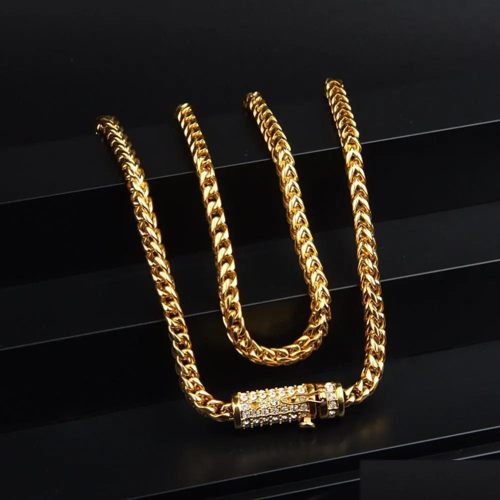 Kedjor 30 män hiphop halsband is ut 6mm guld rostfritt stål kuban lådkedja länk strass lås droppe leverans smycken halsla dhlyw