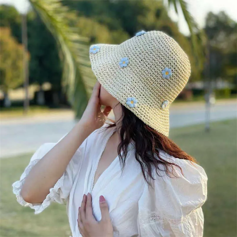 Wide Brim Hats Summer crochet bucket Women's folding Panama UV sun Bohemian flower fishing Holiday beach hat G230603