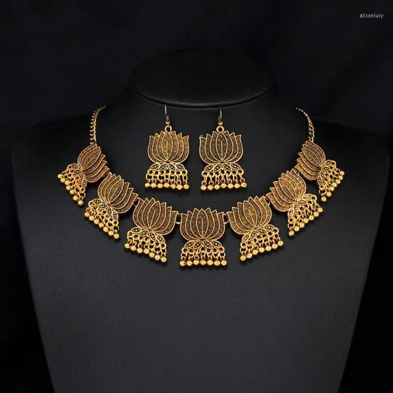 Brincos de colar definirem étnico vintage dourado colorido lotus flores de colarinho colar brincalhão de brejismo feminino budismo de oração tribal