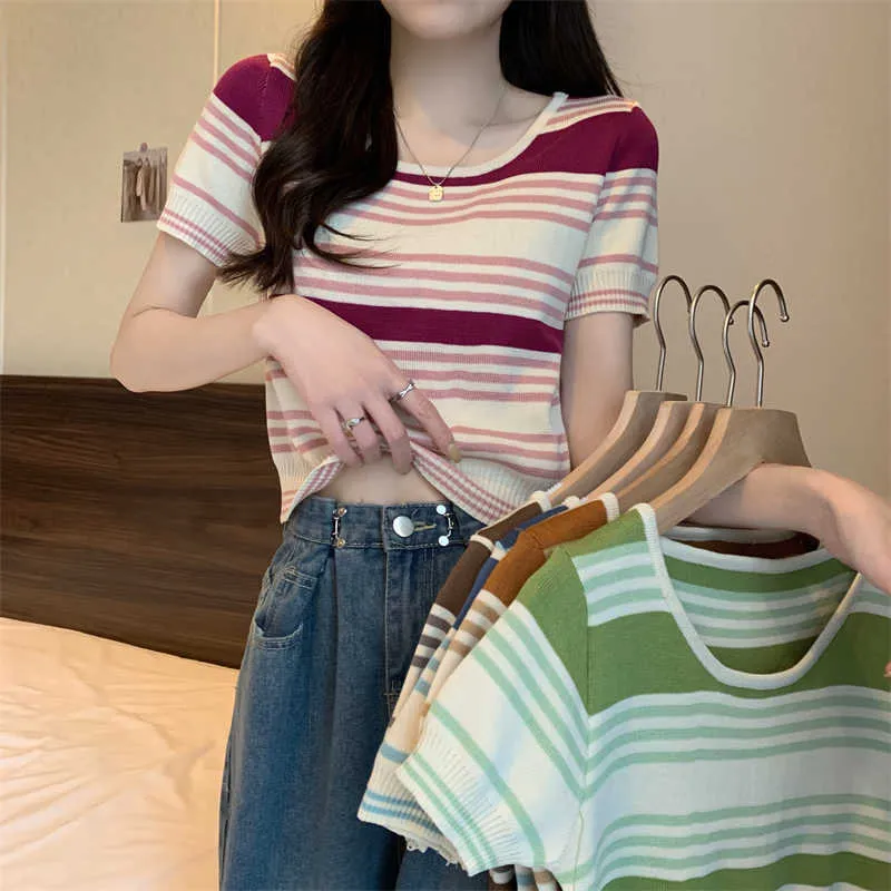 T-shirt Summer Stripe Girls 'Proste O-Neck krótkie rękawowe t-shirt damskie elastyczne słodkie top p230602