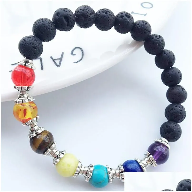 Pulseiras de pedra de lava preta com miçangas, contas de chakra da moda, faça você mesmo, óleo essencial de aromaterapia por difusor, pulseira, joias de ioga, gota Del Dhido