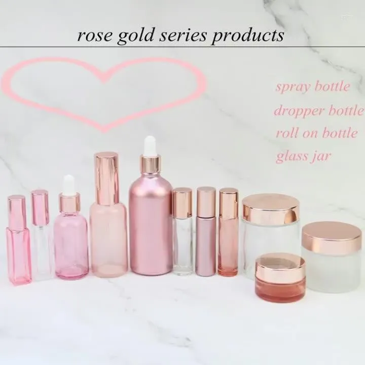 Opslag Flessen 5 Stuks 10/15/30/50/100 Ml Luxe Haarolie Roze Helder glas Druppelflesje Met Rose Goud Aluminium Deksel Essentiële Flesjes