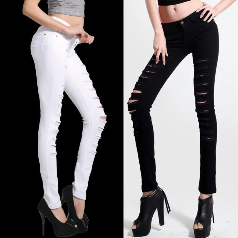 Perforerade jeans kvinnors byxor elastiska smala montering vit blyerts byxor koreansk version bantning svarta leggings, gatu trendsättare grossist varma 100 st