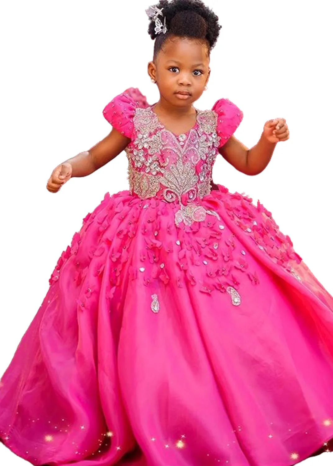 Elegant Fuchsia Floral Tulle Vneck Dress Sparkling Crystal