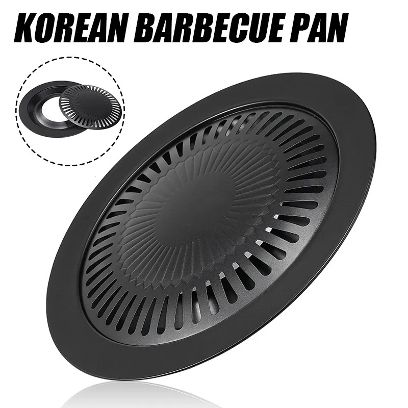 BBQ Tools Accessories 32cm Round Iron Grill Pan Korean Meat Roast Plate With Holder Non Stick Barbecues Cooking Easy Clean 230603