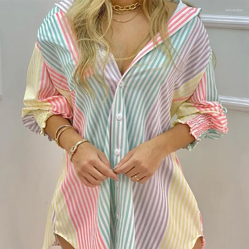 Vestidos Casuais Vestido Feminino Estampado Verão Camisa Manga Comprida Lapela Simples Seios Frente Aberta Minissaia Irregular