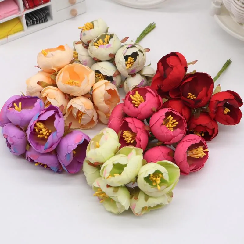 Decorative Flowers 6Pcs Mini Tea Rose Bud Artificial For Wedding Home Decoration Jewelry Accessories Fleurs Scrapbooking DIY Craft Supplies