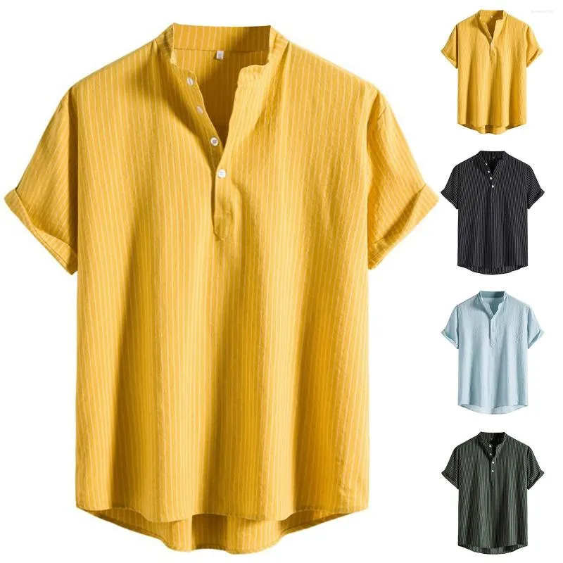 メンズカジュアルシャツ男性用男性用コットン模倣リネンストライプシャツソリッドカラーストリートウェアブラウス夏の短袖