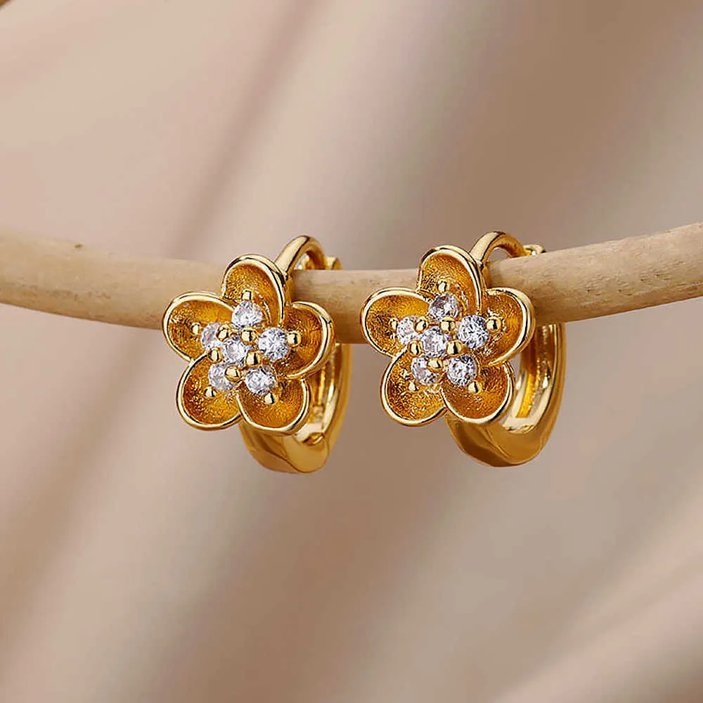 Stud rostfritt stål Flower Cubic Zirconia Gold Plated Geometric Earrings Women's Wedding Party Jewets Gifts Mujer G230602