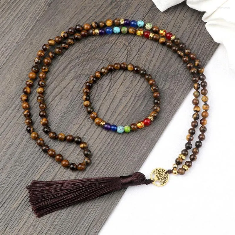 Necklace Earrings Set Natural 6MM 8MM Tiger Eye Beaded Bracelet 7 Chakra Spacer Tassel Pendant Necklace&Bangle Women Men Meditation