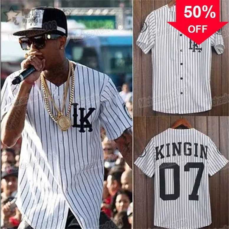 XFLSP Glamitness Men Women Youth Tyga Last King Clothing Hip Hop Jersey Vertical Striped Baseball Shirt Short Sleeve LK Collarless Shirts Streetwear