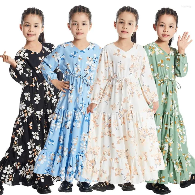 Этническая одежда мусульманские детские девочки абайя цветочный принт платье с длинным рукавом Дубай Турция Кафтан Исламский Детский Платировка Арабская халата