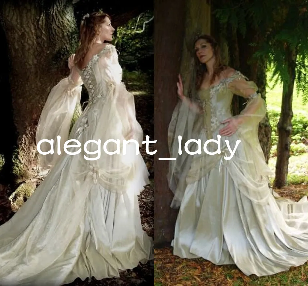 Robes de mariée médiévales champagne ivoire vintage avec manches longues agitation victorienne corset à lacets robe de mariée conte de fées