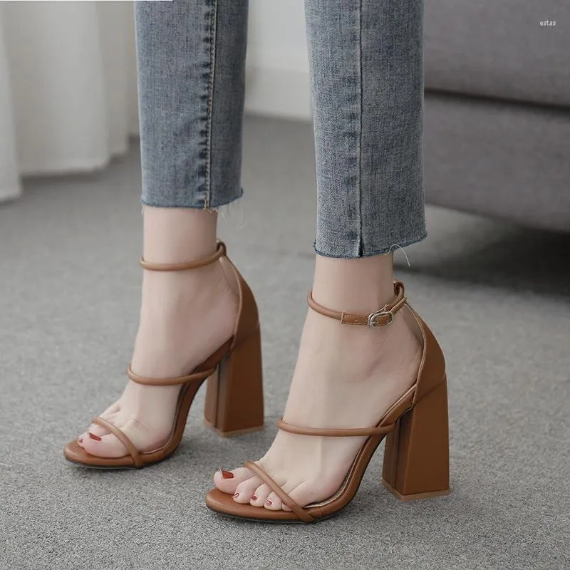 Sandaler 2023 Summer Women Thick Heel Platform Buckle Strap Pu 11.5cm Square Mature Casual Shoes Brown