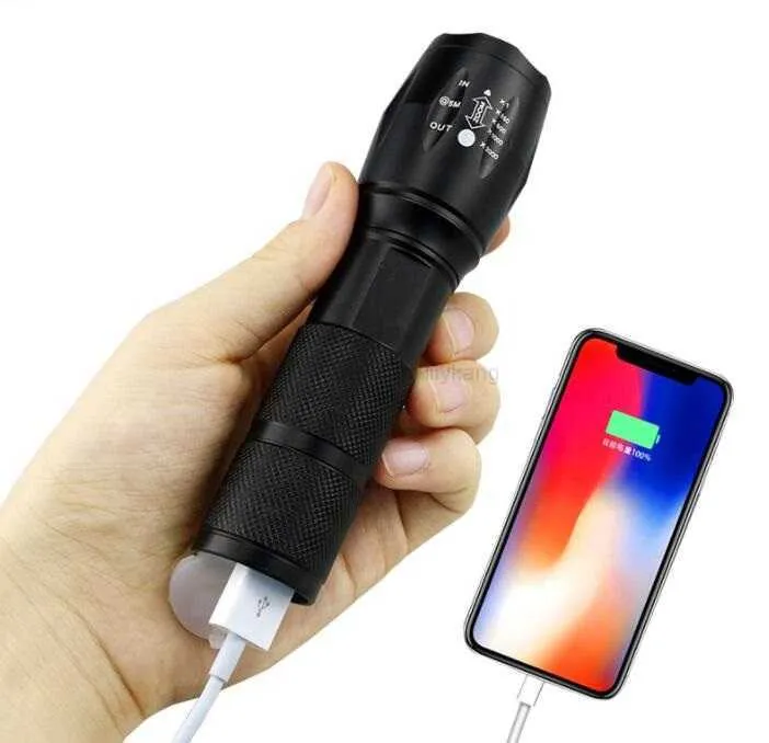 Güçlü XML T6 Zoomable LED El Feneri Su Geçirmez USB Şarj Edilebilir Torch Işık Taşınabilir 18650 Yahudu Yaylı Şarj Edilebilir Açık Işık Lambası Alkingline