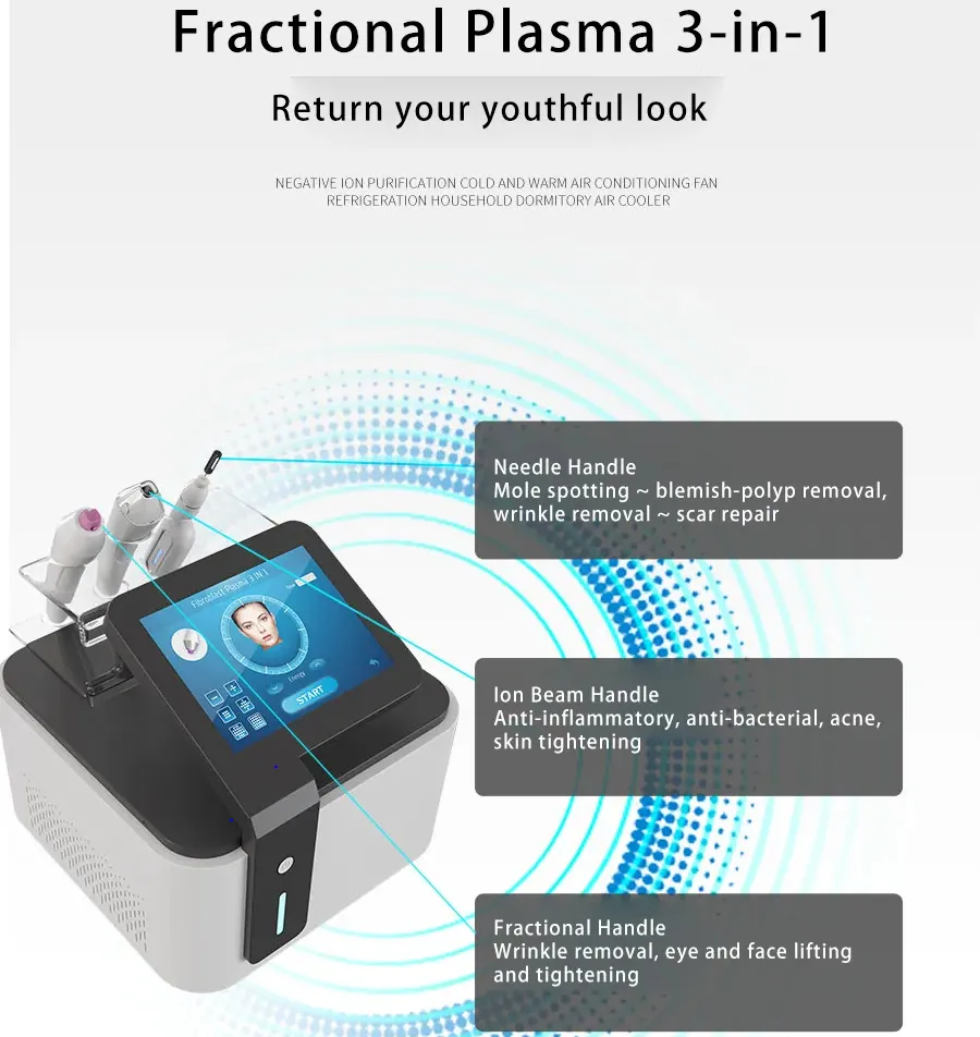 Machine à plasma portable Multi-fonctionnelle 3 en 1 Mark Scar Removal Fractional Plasma Pen Soins de la peau Mode Spot Traitement de l'inflammation de la peau équipement de salon de beauté