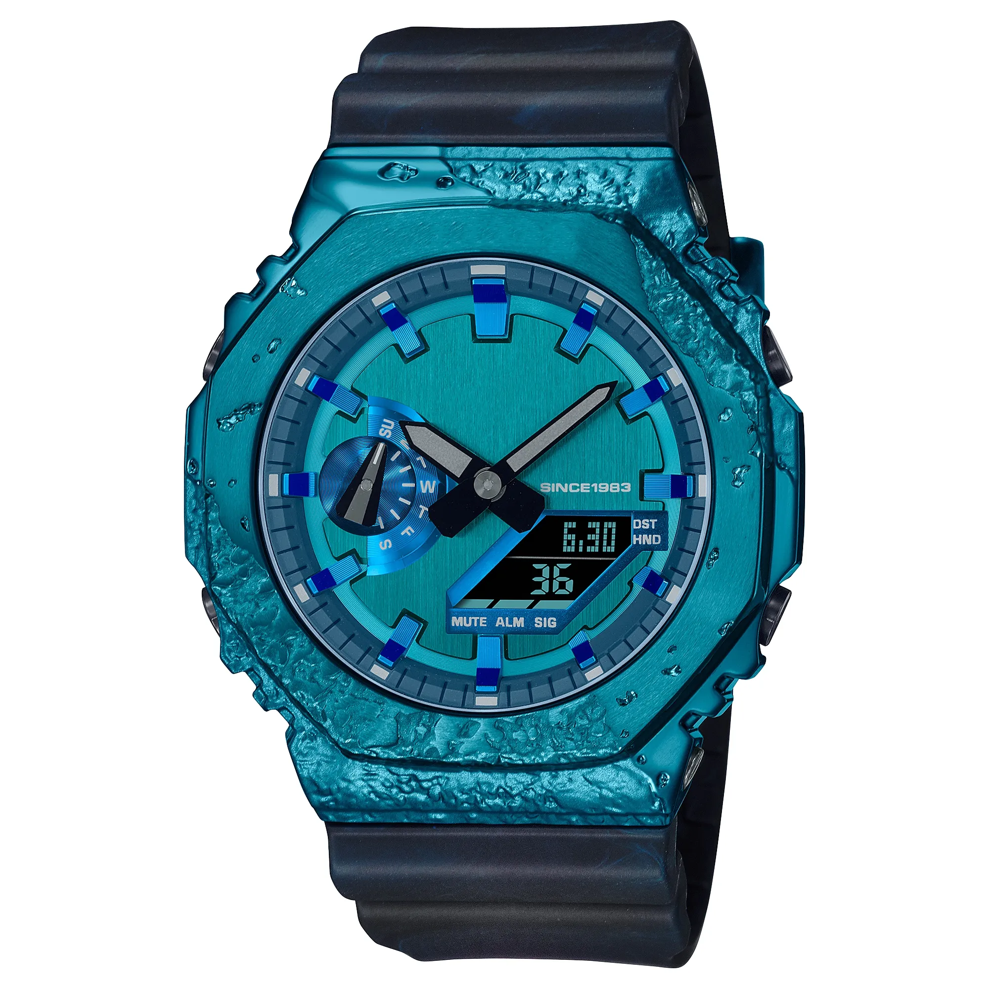 Iced Out digitaal sportkwarts herenhorloge, wereldtijd, afneembare montage, LED-serie blauw eiken