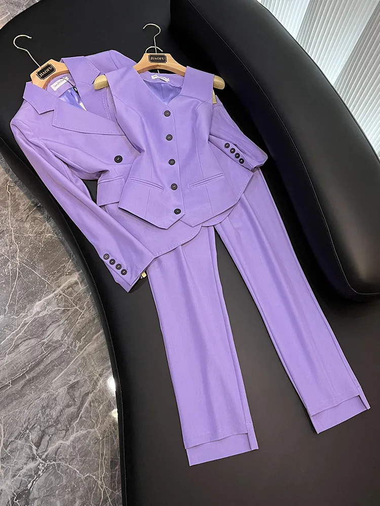 2023 Autumn Purple Two Piece Pants Sets Solid Color Long Sleeve Notched-Lapel Double-Breasted Blazers Top & Vest & Long Pants Three Suits Set X3L012598