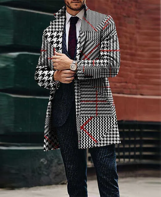 Tweed Plaid Plaid Trench Coat Mens Casual Business Long Sleeve