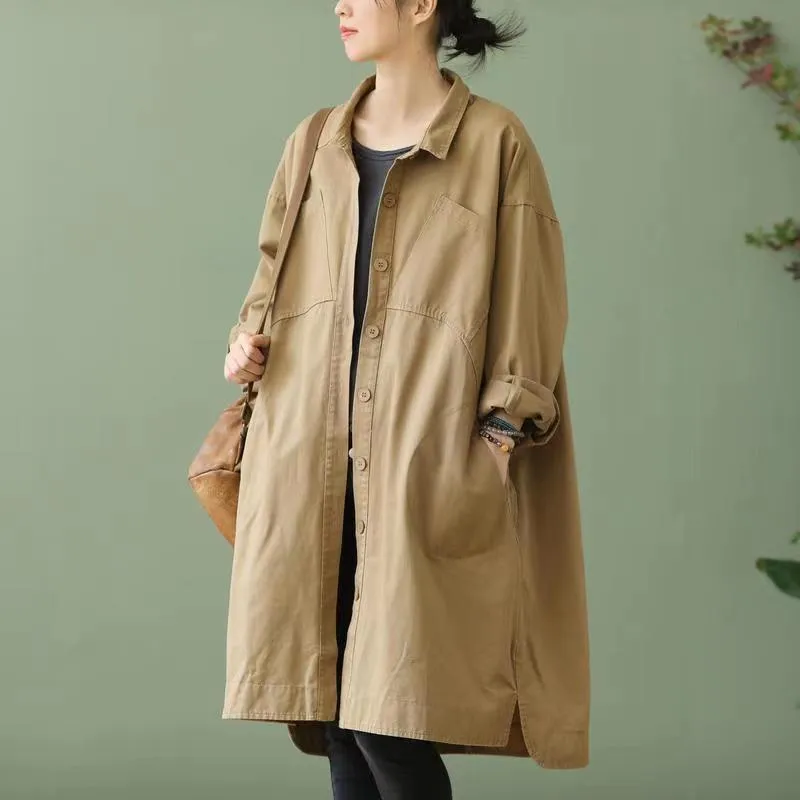 Raincoats 2023 İlkbahar ve Sonbahar Midongth Women's Trech Coat Tek Brasing Gevşek Rüzgar Yolu Retro Cömert Siyah Pamuk Ceket Kadınlar