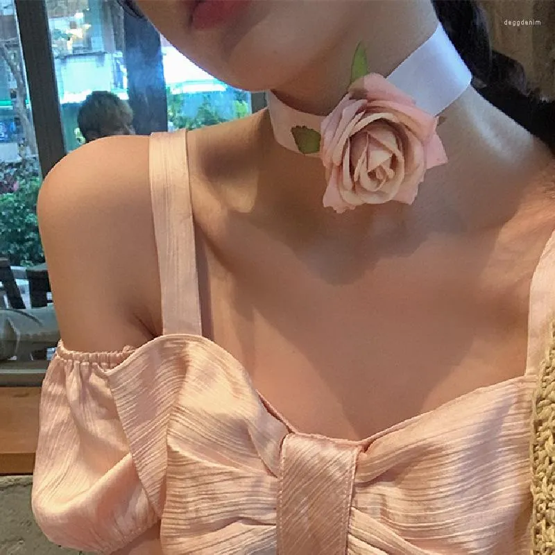 Pendentif Colliers Rose Rose Ruban Chaîne Bande Fleur Ras Du Cou Collier Clavicule Bijoux De Mariage Pour Femme