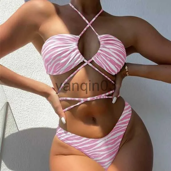 Women's Swimwear Sexy Zebra Striped Halter Bikinis Set Women String Around Swimsuits Bandeau Swimwear Swimming Suit Biquinis Bikini 2023 Mujer J230603