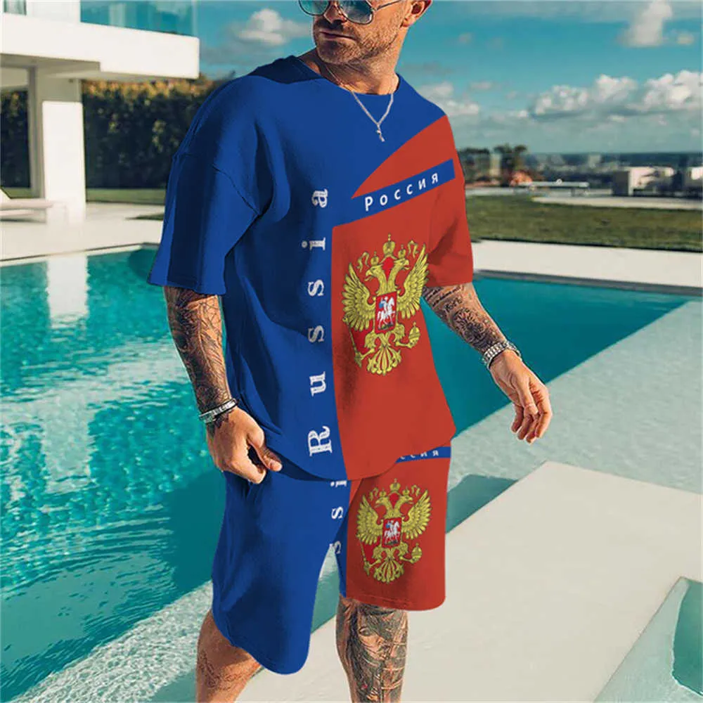 Men's Tracksuits Summer 3D printing of Russian flag men's T-shirt shorts set fashionable oversized beach two-piece sportswear lightweight and comfortable P230603