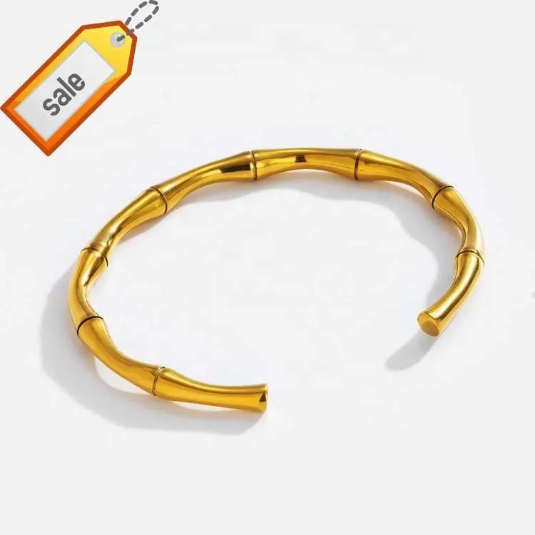 Wholesale Custom High Quality Stainless Steel Jewelry 18K Gold Plated Curved Tube Big Chunky Bamboo Bangle Bracelet for Woman