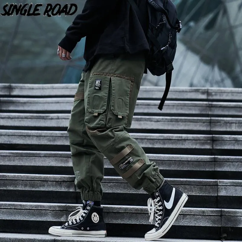 ズボンシングルロードメンズカーゴパンツメンファッション2022サイドポケットヒップホップテックウェアジョガー男性日本のストリートウェアズボンパンツ男性