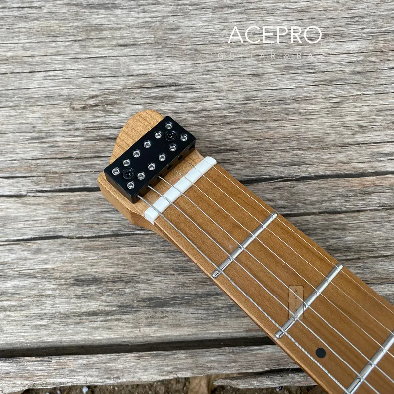 Acepro Headless Electric Guitar - Satin Black Ash Body, Roasted