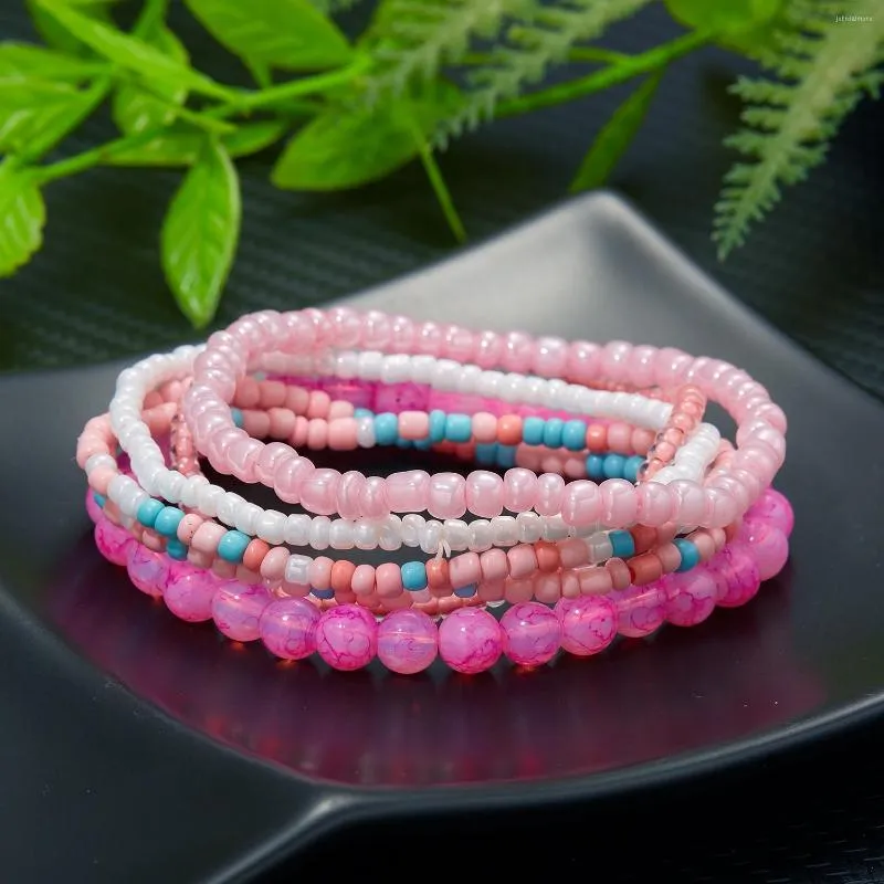 Pulseras de eslabones, 6 uds., conjunto de pulsera de cuentas de arroz rojo bohemio minimalista para mujer, abalorio de verano, envoltura elástica Multicolor, regalo de joyería de playa