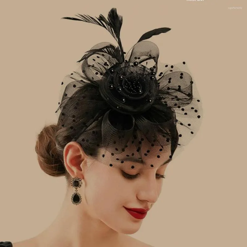 Bérets Perles Décor Dot Imprimer Métal Clip Fascinator Chapeau Maille Fleur Plume Parti Chapeaux Cheveux Accessoires