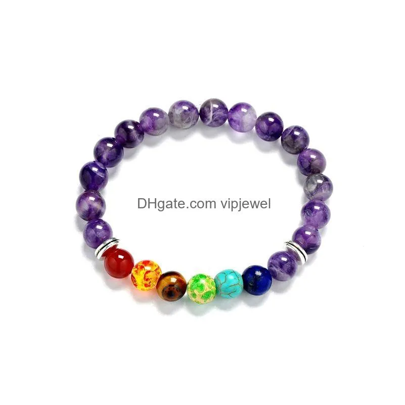 Beaded 8Mm Natural Rainbow 7 Chakra Beads Bracelet Lava Purple Green Strand Stretch Yoga Jewelry Tiger Eye Stone Bracelets Drop Deliv Dh370