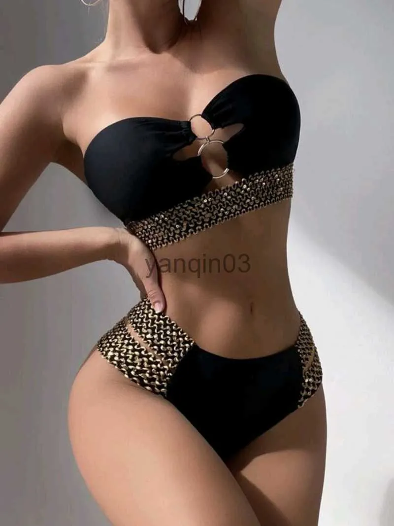 Kobiety Black Bikini w damskim bikini 2023 Seksowne stroje kąpielowe żeńska wysoka talia 2 -częściowa stroje kąpielowe solidne pływanie Bandeau Kąpiec Baiting Biquini J230603